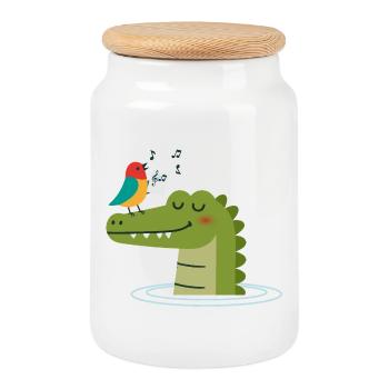 Oiseau chanteur sur crocodile – Harmonie animale - Boîte à biscuits avec couvercle en bois - blanc - Devant