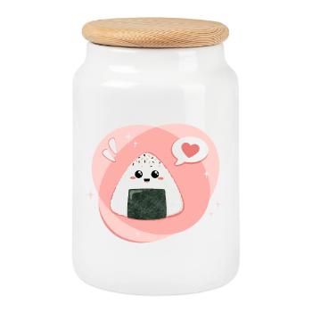 Onigiri kawaii en rose, rose avec cœur - Boîte à biscuits avec couvercle en bois - blanc - Devant