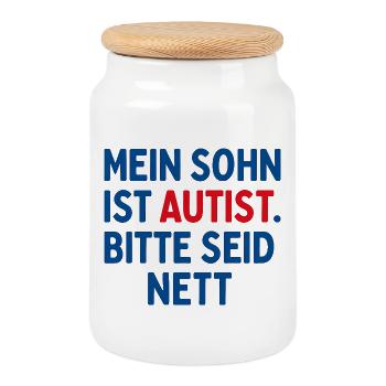 Mein Sohn ist Autist Bitte seid nett Geschenk - Keksdose mit Holzdeckel - Weiß - Vorne