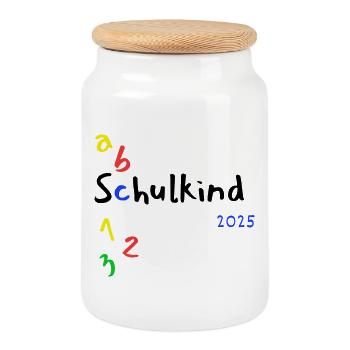 Schulkind ABC 123 mit Jahr 2025 - Keksdose mit Holzdeckel - Weiß - Vorne