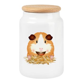 Laughing guinea pig in straw – good mood - Cookie Jar with Wooden Lid - white - Front