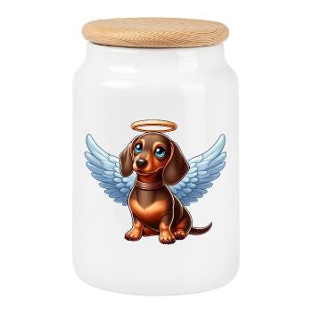 Cute Dachshund Angel with Wings Cartoon Dog - Cookie Jar with Wooden Lid - white - Front
