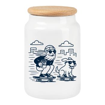 Stay Chill Hipster Skater avec chien - Boîte à biscuits avec couvercle en bois - blanc - Devant