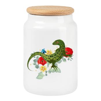 Lézard vert sur fleurs motif botanique - Boîte à biscuits avec couvercle en bois - blanc - Devant