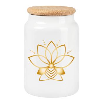 Golden stylized flower symbol minimalist - Cookie Jar with Wooden Lid - white - Front