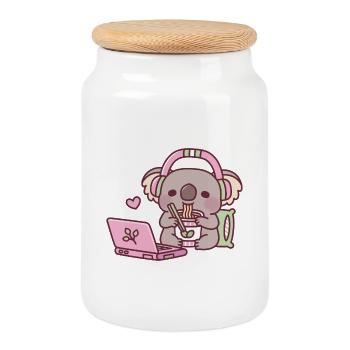 Cute Koala Eating Instant Noodles - Cookie Jar with Wooden Lid - white - Front