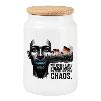 Wir sehen nur noch Chaos. - Keksdose mit Holzdeckel - Weiß - Vorne