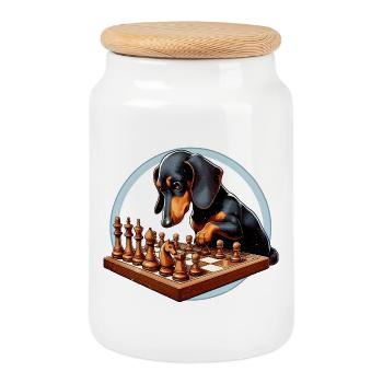 Dackel spielt Schach - Keksdose mit Holzdeckel - Weiß - Vorne