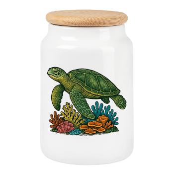 Green Sea Turtle Diver Design - Cookie Jar with Wooden Lid - white - Front