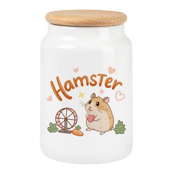 Adorable Hamster Heart and Wheel Design - Cookie Jar with Wooden Lid - white - Front