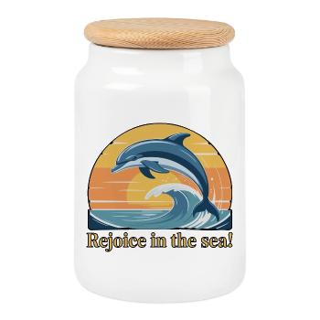 Dolphins Leaping at Sunset Design - Cookie Jar with Wooden Lid - white - Front