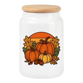 Pumpkins, oak leaves &amp; acorns - Cookie Jar with Wooden Lid - white - Front
