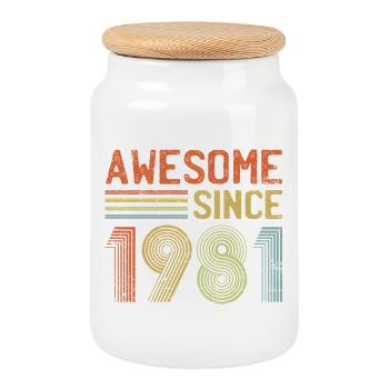 Rétro 1981 Typographie Design - Boîte à biscuits avec couvercle en bois - blanc - Devant