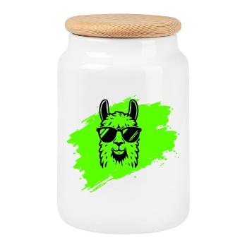 Llama or alpaca with sunglasses in neon style - Cookie Jar with Wooden Lid - white - Front