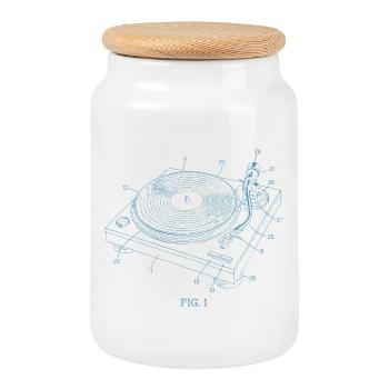 Vinyl Record Player blueprint Patent Art Music - Cookie Jar with Wooden Lid - white - Front