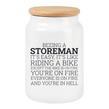 Storeman Riding A Bike - Cookie Jar with Wooden Lid - white - Front