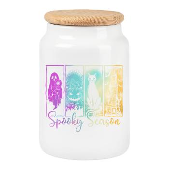 Saison effrayante — Vibrations hantées de fantômes et de citrouilles - Boîte à biscuits avec couvercle en bois - blanc - Devant