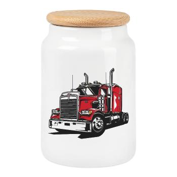 Red Truck Line Illustration - Cookie Jar with Wooden Lid - white - Front
