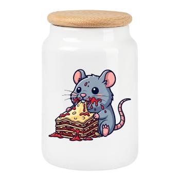Cute Mouse Rat Lasagna Italian Food - Cookie Jar with Wooden Lid - white - Front