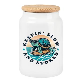 Surfing Turtle Keepin Slow and Stoked - Cookie Jar with Wooden Lid - white - Front