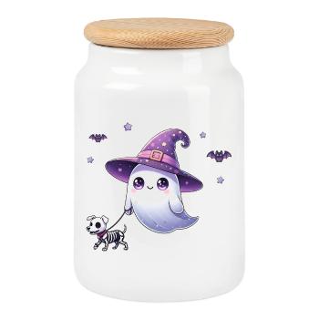 Fantôme de sorcière avec chien squelette – Chemise d’Halloween - Boîte à biscuits avec couvercle en bois - blanc - Devant