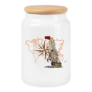 Voilier devant la carte du monde - Boîte à biscuits avec couvercle en bois - blanc - Devant