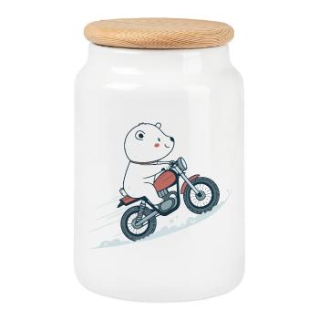 Polar Rider auf dem Motorrad - Keksdose mit Holzdeckel - Weiß - Vorne