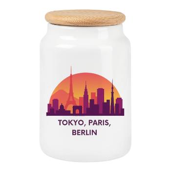 Skyline Trio Tokyo Paris Berlin au coucher du soleil - Boîte à biscuits avec couvercle en bois - blanc - Devant
