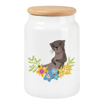 Loutre de mer dessin animé fleur floral - Boîte à biscuits avec couvercle en bois - blanc - Devant