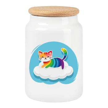 Kunterbunte Katze schwebt auf Wolke (Tag) - Keksdose mit Holzdeckel - Weiß - Vorne