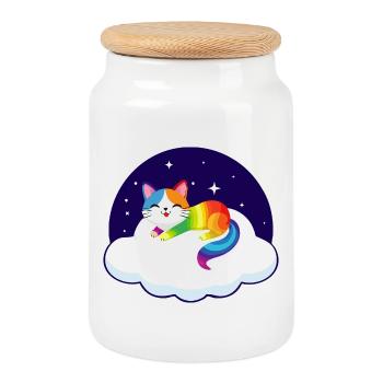 Kunterbunte Katze schwebt auf Wolke (Nacht) - Keksdose mit Holzdeckel - Weiß - Vorne