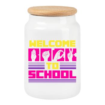 ASL Sign Language Interpreter Welcome To School - Cookie Jar with Wooden Lid - white - Front