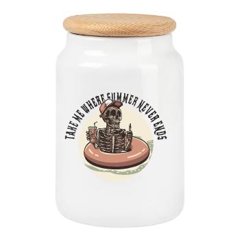 Take Me Where Summer Never Ends – Skeleton Humor - Cookie Jar with Wooden Lid - white - Front
