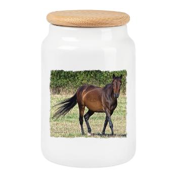 Cheval brun au pas dans une prairie - Boîte à biscuits avec couvercle en bois - blanc - Devant