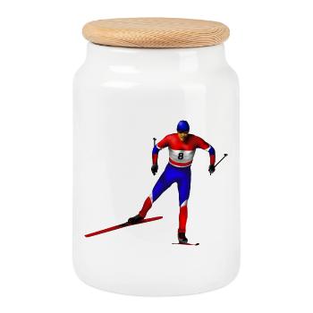 Skieurs Rouge Bleu Blanc – Style dynamique - Boîte à biscuits avec couvercle en bois - blanc - Devant