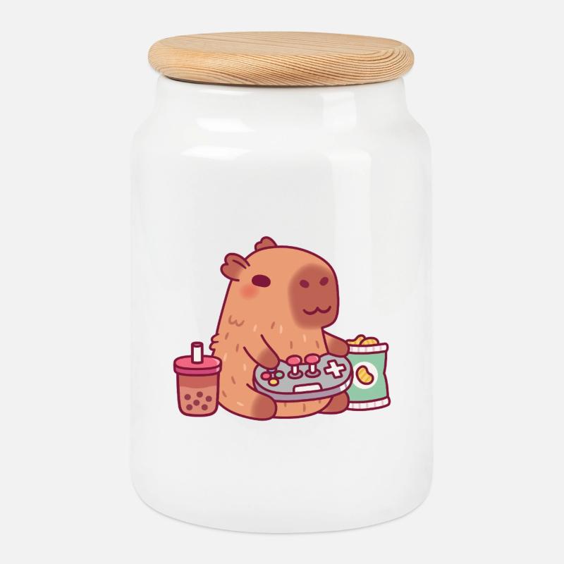 Süßes Capybara spielt Videospiele mit Boba Tea - Keksdose mit Holzdeckel - Weiß
