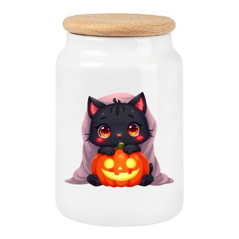 Halloween Katze mit Halloween Kürbis - Keksdose mit Holzdeckel - Weiß - Vorne