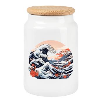 Great Wave of Kanagawa - Cookie Jar with Wooden Lid - white - Front