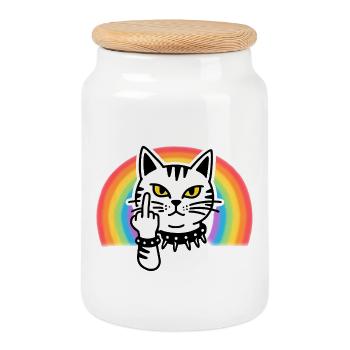 Rainbow Rebel Cat - punk rock metal style - Cookie Jar with Wooden Lid - white - Front
