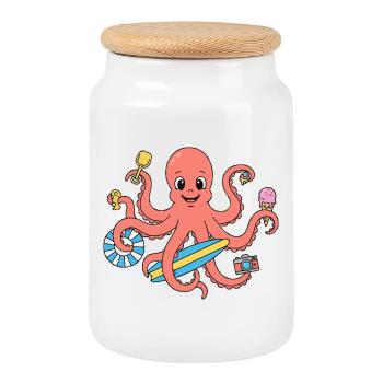 Sommer-Oktopus mit Brandung und Accessoires - Keksdose mit Holzdeckel - Weiß - Vorne