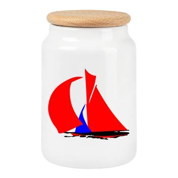 Roter Segelboot Silhouette - Keksdose mit Holzdeckel - Weiß - Vorne
