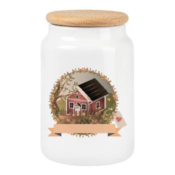 Small red house in the garden in oil painting style - Cookie Jar with Wooden Lid - white - Front