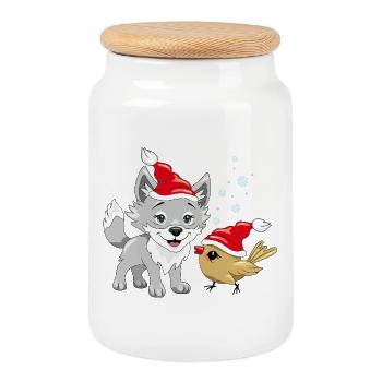Smiling wolf and cute birdie in Christmas hats - Cookie Jar with Wooden Lid - white - Front