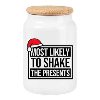 Most Likely to Shake the Presents Christmas Fun - Cookie Jar with Wooden Lid - white - Front