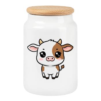 Kleine süße Kuh Kawaii - Keksdose mit Holzdeckel - Weiß - Vorne