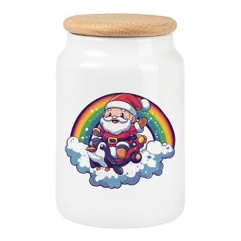 Pinguin Weihnachtsmann Weihnachten - Keksdose mit Holzdeckel - Weiß - Vorne