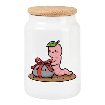 Small worm with Gift - Cookie Jar with Wooden Lid - white - Front