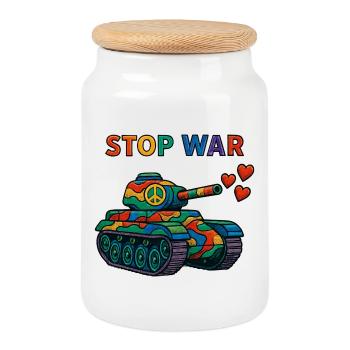 Char arc-en-ciel avec signe de paix – STOP WAR - Boîte à biscuits avec couvercle en bois - blanc - Devant