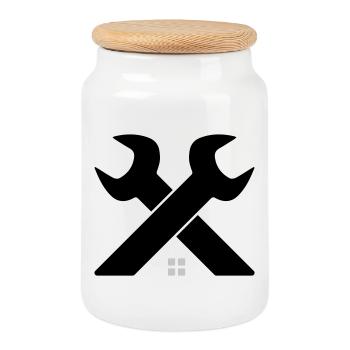 Home & Craft Logo – Wrench Crossed - Cookie Jar with Wooden Lid - white - Front