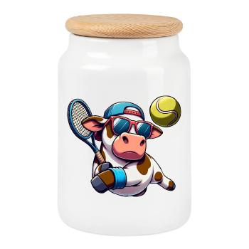 Coole Tennis Kuh Mit Schläger Und Ball - Keksdose mit Holzdeckel - Weiß - Vorne